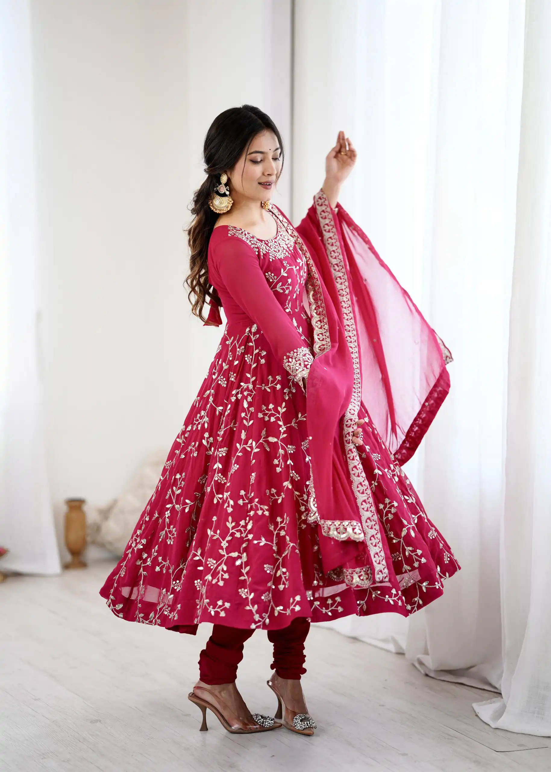 SRK 5299 Pink Faux Georgette With Sequence Work Perfect for Wedding, Party, Lohri, Temple Visit, Ganesh Chaturthi Festive, Events, 4-6 Working Days At 2149 | Gowns, Bollywood Gowns, Creative Gowns, Designer Gowns, Embroidered Gowns, Party Wear Gowns