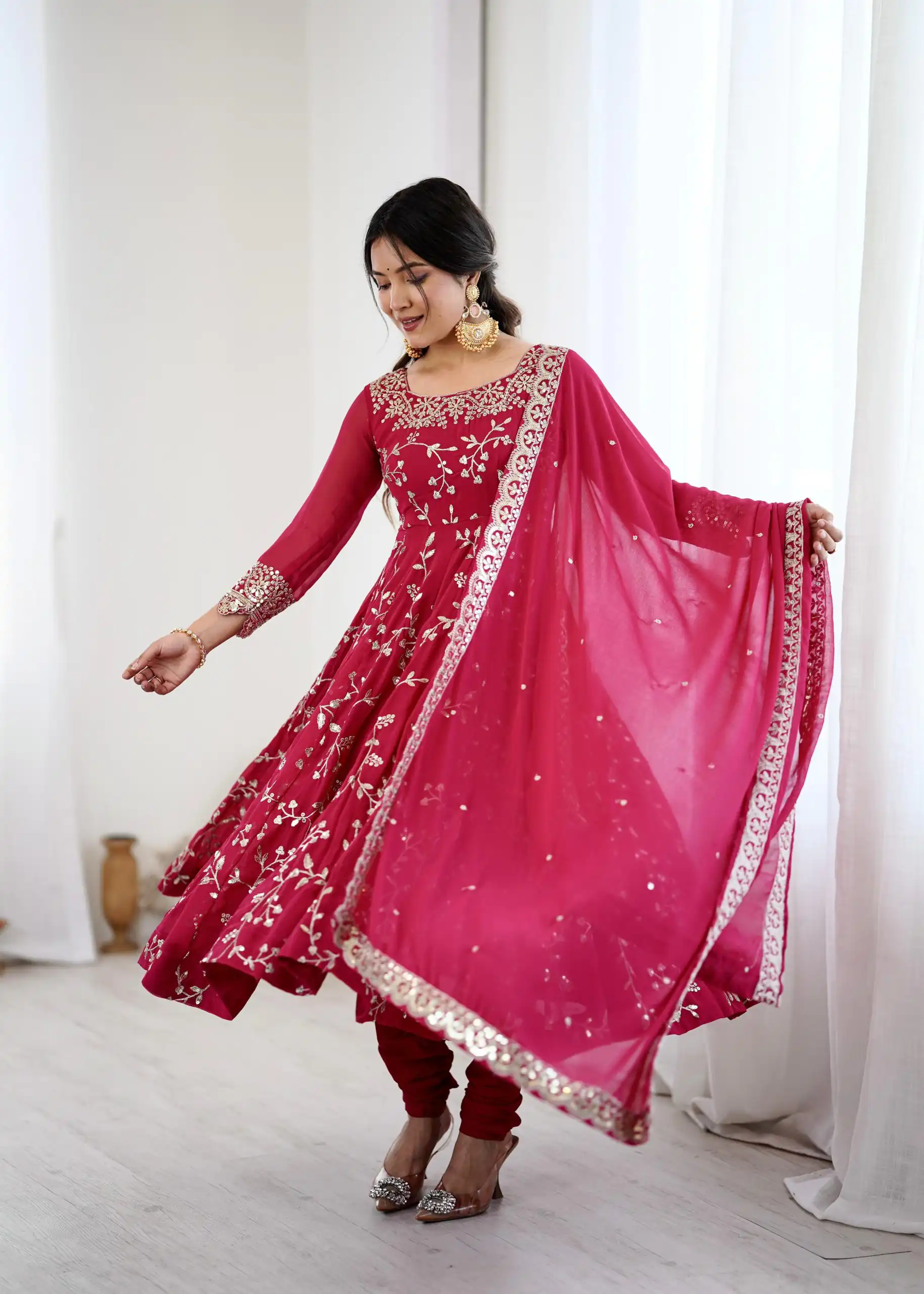SRK 5299 Pink Faux Georgette With Sequence Work Perfect for Wedding, Party, Lohri, Temple Visit, Ganesh Chaturthi Festive, Events, 4-6 Working Days At 2149 | Gowns, Bollywood Gowns, Creative Gowns, Designer Gowns, Embroidered Gowns, Party Wear Gowns
