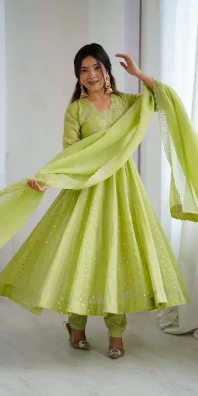 SRK 5293 Pista With Crunchy Silk With Fully Flair with Lace Work & Embroidery Work Anarkali Gown . Introductory Price ₹2149. Delivery 4-6 Worki | Gowns, Bollywood Gowns, Creative Gowns, Designer Gowns, Embroidered Gowns, Party Wear Gowns