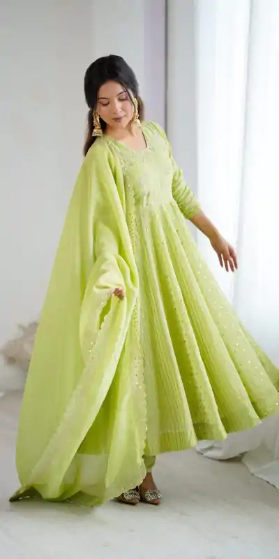 SRK 5293 Pista With Crunchy Silk With Fully Flair with Lace Work & Embroidery Work Anarkali Gown . Introductory Price ₹2149. Delivery 4-6 Worki | Gowns, Bollywood Gowns, Creative Gowns, Designer Gowns, Embroidered Gowns, Party Wear Gowns