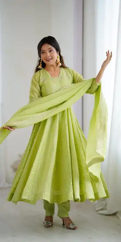 SRK 5293 Pista With Crunchy Silk With Fully Flair with Lace Work & Embroidery Work Anarkali Gown . Introductory Price ₹2149. Delivery 4-6 Worki | Gowns, Bollywood Gowns, Creative Gowns, Designer Gowns, Embroidered Gowns, Party Wear Gowns