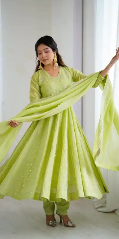SRK 5293 Pista With Crunchy Silk With Fully Flair with Lace Work & Embroidery Work Anarkali Gown . Introductory Price ₹2149. Delivery 4-6 Worki | Gowns, Bollywood Gowns, Creative Gowns, Designer Gowns, Embroidered Gowns, Party Wear Gowns