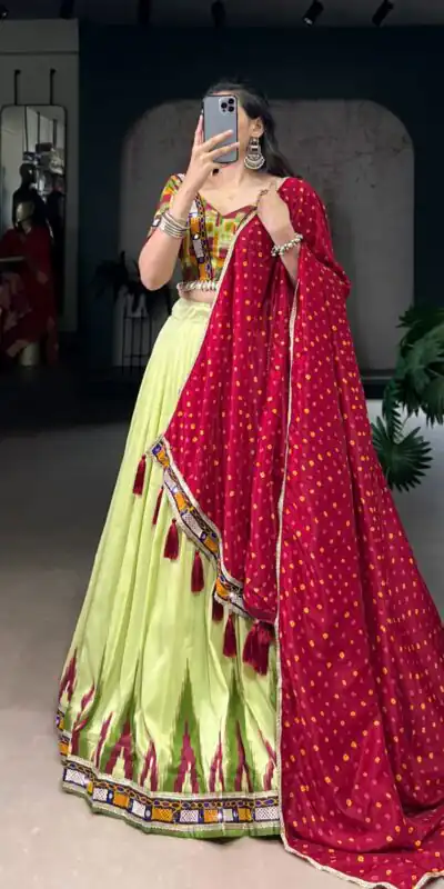 LNB 1726 Pista Tasar Silk With Gamth Work & Mirror Work Lehenga Choli . Festive Deal ₹2999. Delivery 4-6 Working Days. Shop now. | Lehenga, Bollywood Lehenga, Creative Lehenga, Designer Lehenga, Embroidered Lehenga, Party Wear Lehenga