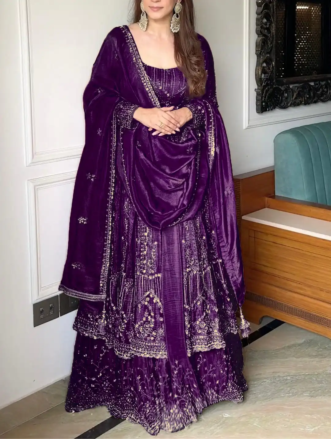 Purple Crunchy Silk Lace Embroidery Work Gown