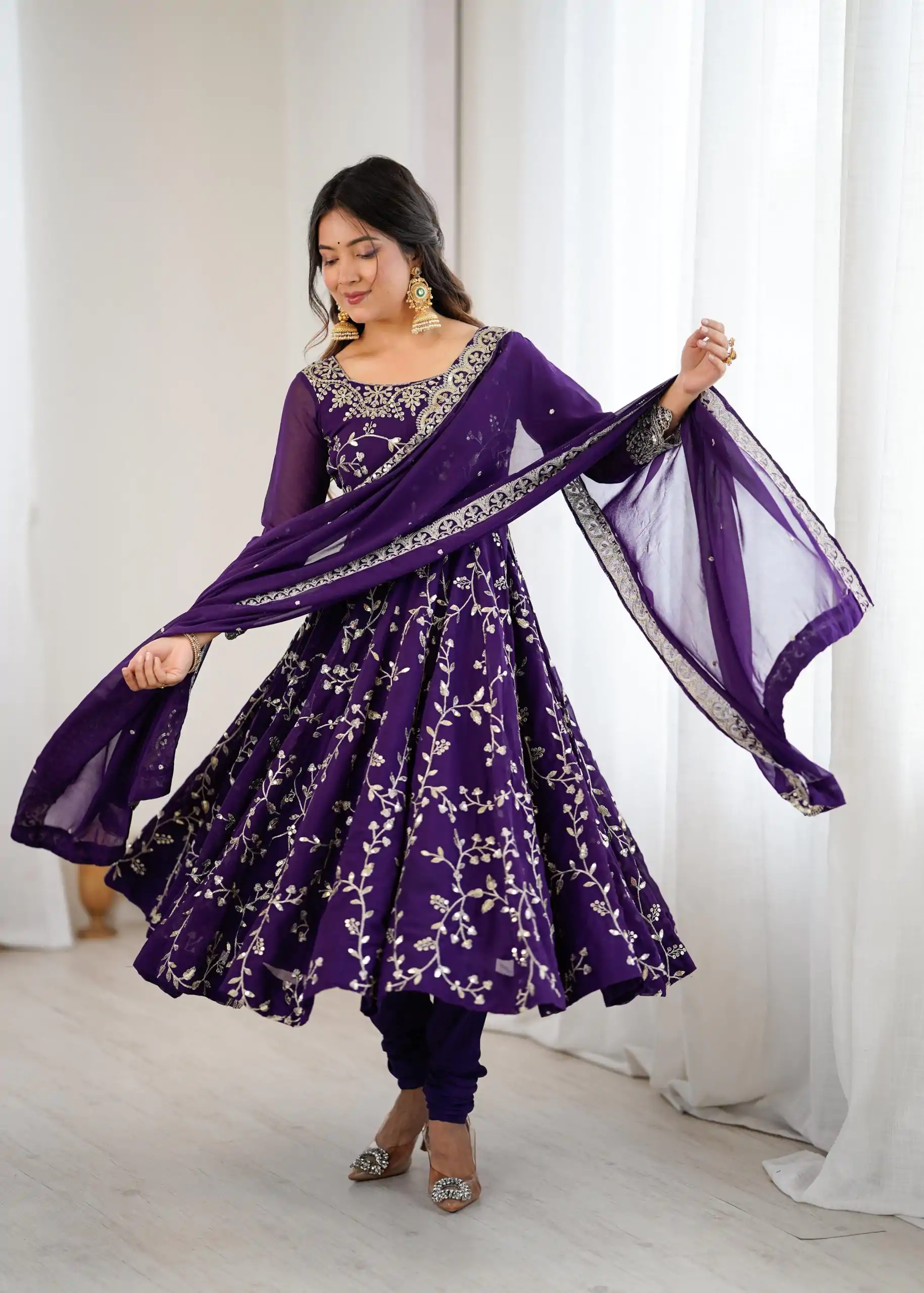 SRK 5299 Purple Georgette With Sequence Work Perfect for Wedding, Party, Lohri, Temple Visit, Ganesh Chaturthi Festive, Events, 4-6 Working Days At 2149 | Gowns, Bollywood Gowns, Creative Gowns, Designer Gowns, Embroidered Gowns, Party Wear Gowns