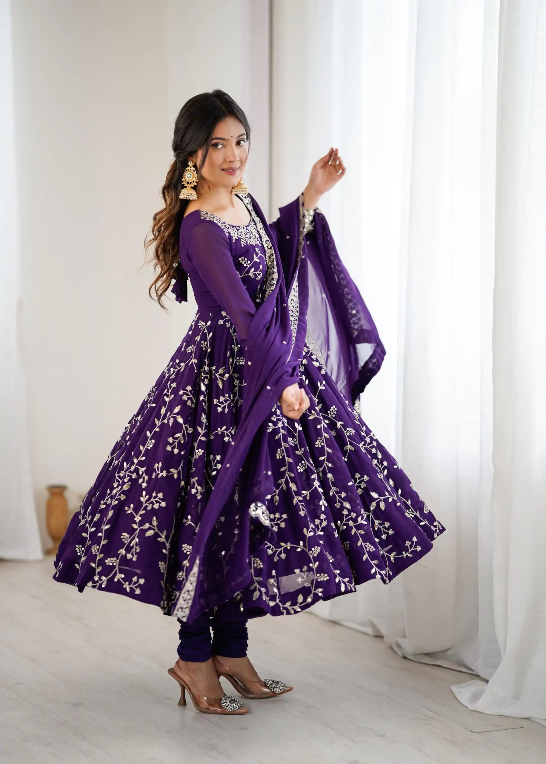 SRK 5299 Purple Georgette With Sequence Work Perfect for Wedding, Party, Lohri, Temple Visit, Ganesh Chaturthi Festive, Events, 4-6 Working Days At 2149 | Gowns, Bollywood Gowns, Creative Gowns, Designer Gowns, Embroidered Gowns, Party Wear Gowns