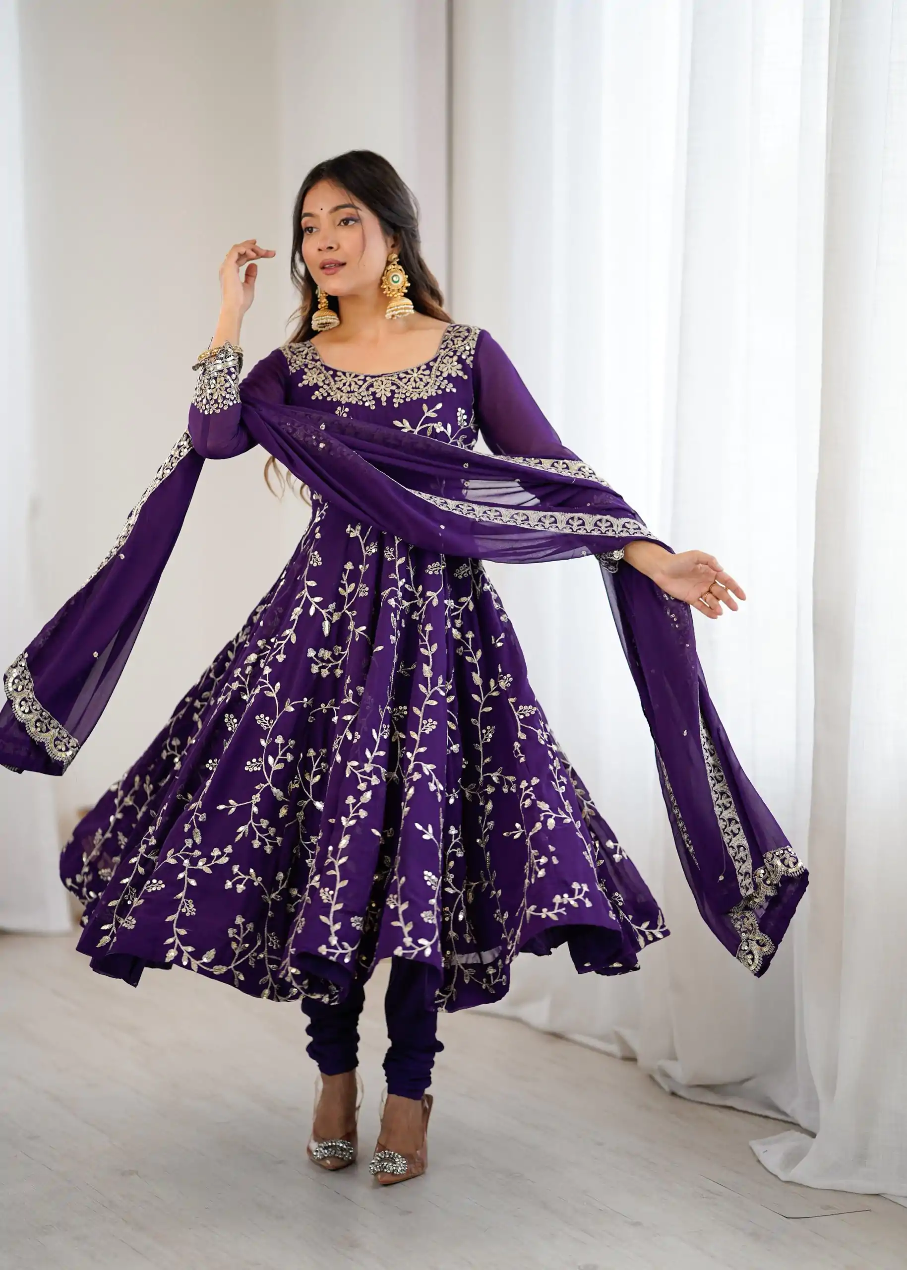 SRK 5299 Purple Georgette With Sequence Work Perfect for Wedding, Party, Lohri, Temple Visit, Ganesh Chaturthi Festive, Events, 4-6 Working Days At 2149 | Gowns, Bollywood Gowns, Creative Gowns, Designer Gowns, Embroidered Gowns, Party Wear Gowns