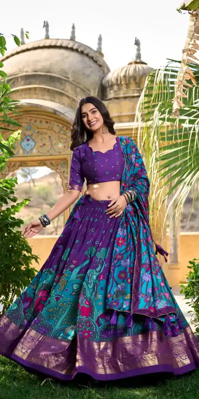 LNB 1219 Purple Tasar Silk With Gotta Patti Work & Kalamkari Print Lehenga Choli . Best Price ₹2449. Delivery 4-6 Working Days. Shop now. | Lehenga, Bollywood Lehenga, Creative Lehenga, Designer Lehenga, Embroidered Lehenga, Party Wear Lehenga