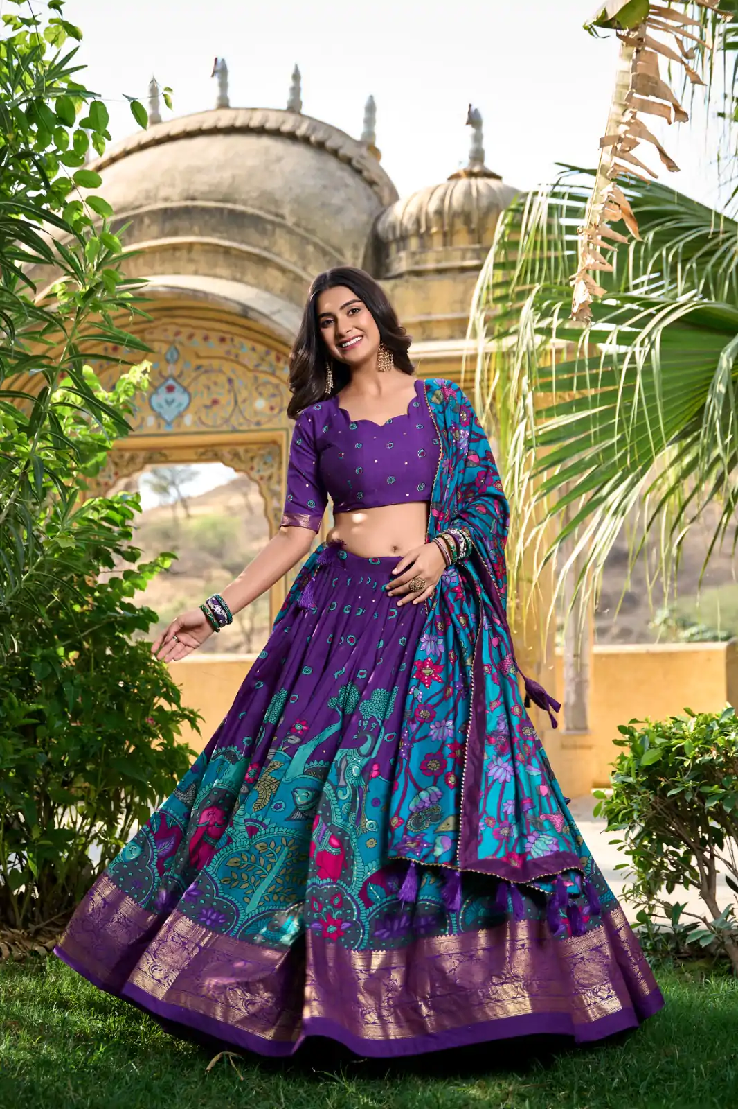 LNB 1219 Purple Tasar Silk With Gotta Patti Work & Kalamkari Print Lehenga Choli . Best Price ₹2449. Delivery 4-6 Working Days. Shop now. | Lehenga, Bollywood Lehenga, Creative Lehenga, Designer Lehenga, Embroidered Lehenga, Party Wear Lehenga