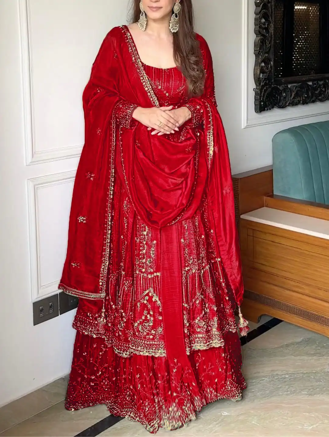 Red Crunchy Silk Lace Embroidery Work Gown