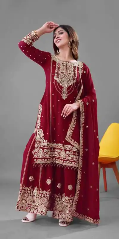 SR 1688 Red Heavy Faux Georgette With Heavy Embroidery Wedding, Party, Festive, Events, Navratri Garba, Reception, Haldi, 4-6 Working Days At 1949 Only | Jump Suits, Salwar suit, Casual Suits, Creative suits, Designer Suits, Palazzo Suits, Party Wear Suits, Patiala Suits, Straight Suits