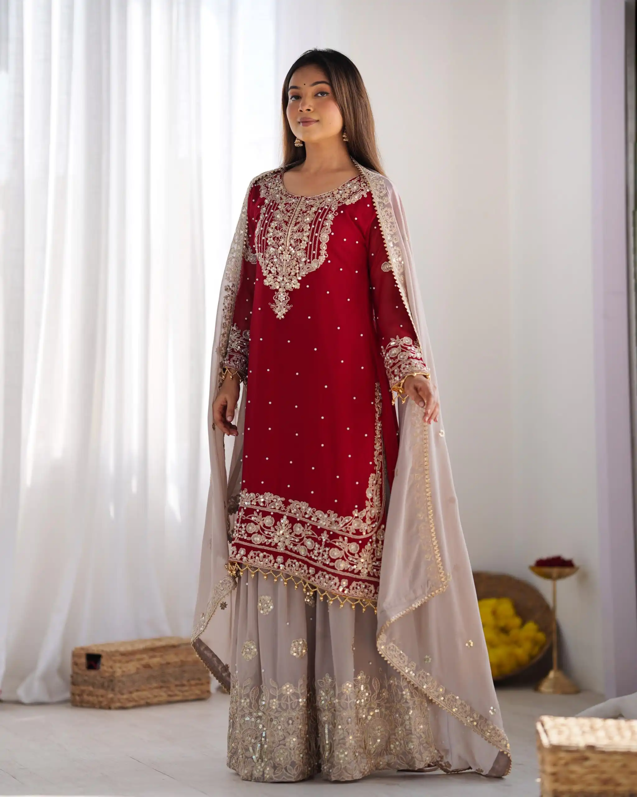 SR 1676 Red Heavy Faux Georgette With Heavy Embroidery Perfect for Wedding, Party, Ethnic Day, Reception, Diwali 4-6 Working Days At 2049/- Only | Jump Suits, Salwar suit, Casual Suits, Creative suits, Designer Suits, Palazzo Suits, Party Wear Suits, Patiala Suits, Straight Suits