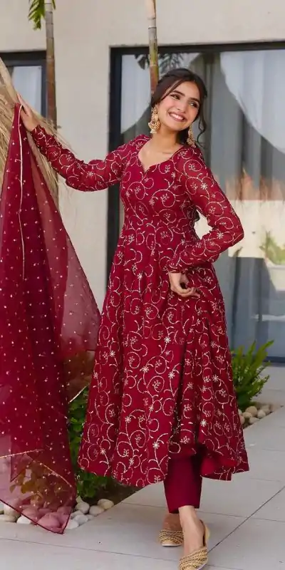 ZSR 3145 Red Faux Georgette With Embroidery Sequence Work Gown Perfect for Wedding, Party, Bridal Wear, Family Gatherings, Festival Celebrations – . Now | Gowns, Bollywood Gowns, Creative Gowns, Designer Gowns, Embroidered Gowns, Party Wear Gowns