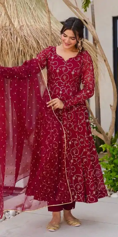 ZSR 3145 Red Faux Georgette With Embroidery Sequence Work Gown Perfect for Wedding, Party, Bridal Wear, Family Gatherings, Festival Celebrations – . Now | Gowns, Bollywood Gowns, Creative Gowns, Designer Gowns, Embroidered Gowns, Party Wear Gowns