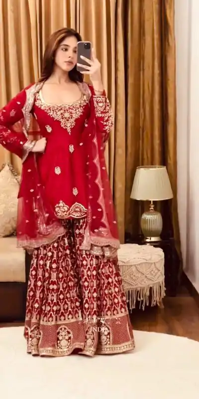 SSR 486 Red Georgette with Embroidery Work & Lace Work Salwar Suit . Festive Deal ₹1949. Delivery 4-6 Working Days. Shop now. | Jump Suits, Tops & Bottoms, Track Suits, Salwar suit, Casual Suits, Creative suits, Designer Suits, Palazzo Suits, Party Wear Suits, Patiala Suits, Straight Suits, Trendy Wear