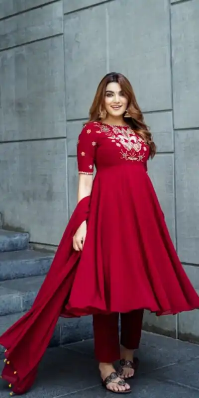 NSR 873 Red Roman Simmer Silk With Fency Neck And Fecny Sleeve Gown with Embroidery Work. Best Price ₹2049. Delivery 4-6 Working Days. Shop now. | Gowns, Bollywood Gowns, Creative Gowns, Designer Gowns, Embroidered Gowns, Party Wear Gowns