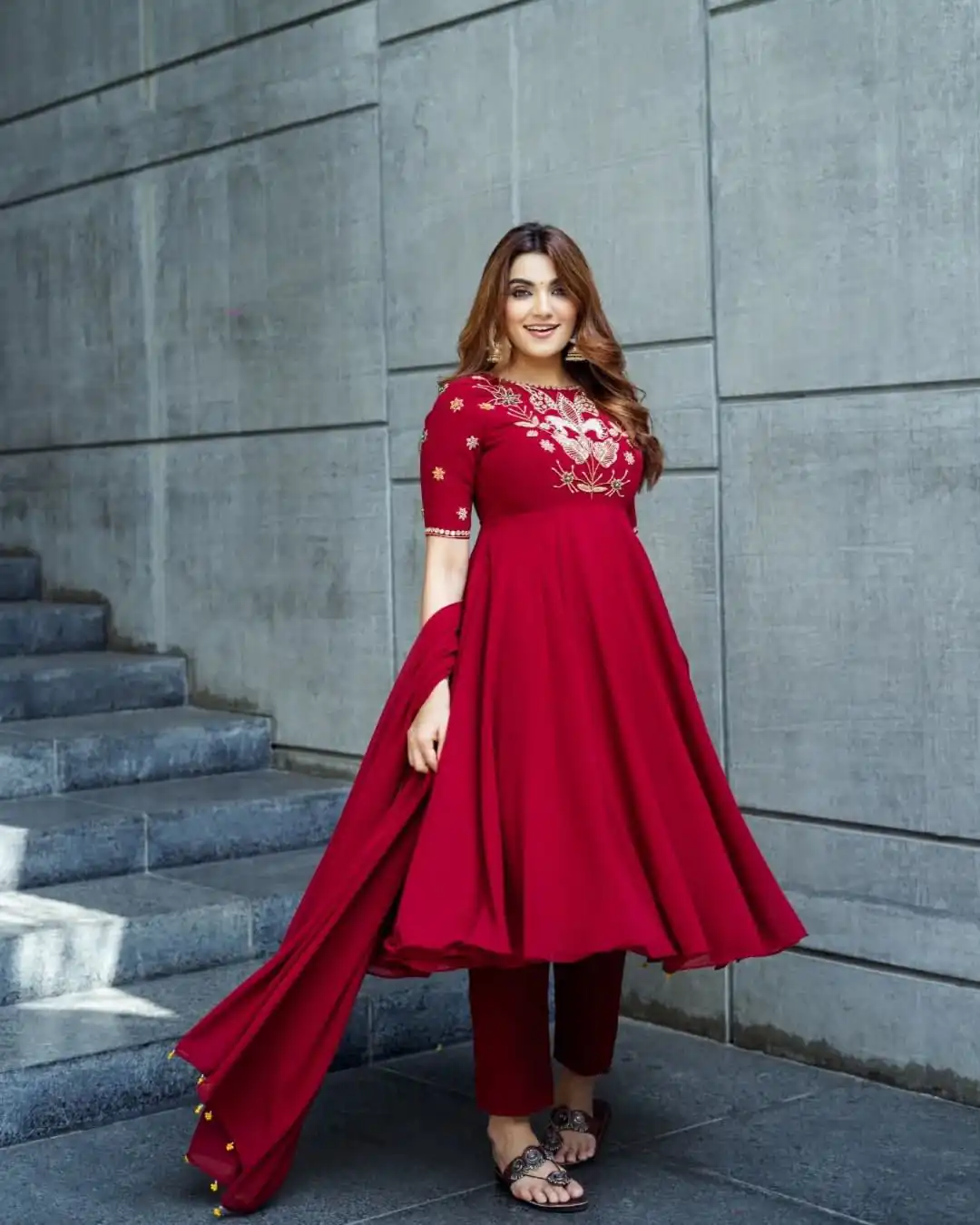 NSR 873 Red Roman Simmer Silk With Fency Neck And Fecny Sleeve Gown with Embroidery Work. Best Price ₹2049. Delivery 4-6 Working Days. Shop now. | Gowns, Bollywood Gowns, Creative Gowns, Designer Gowns, Embroidered Gowns, Party Wear Gowns