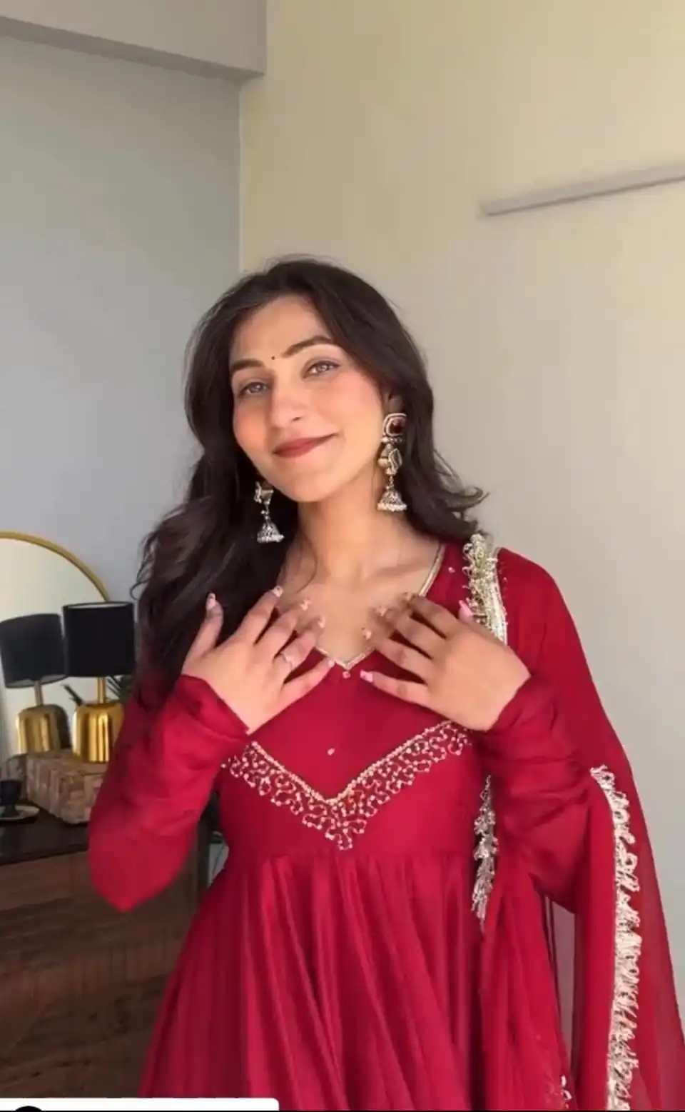 Red Star Georgette Embroidery Lace Work Gown - Image 2