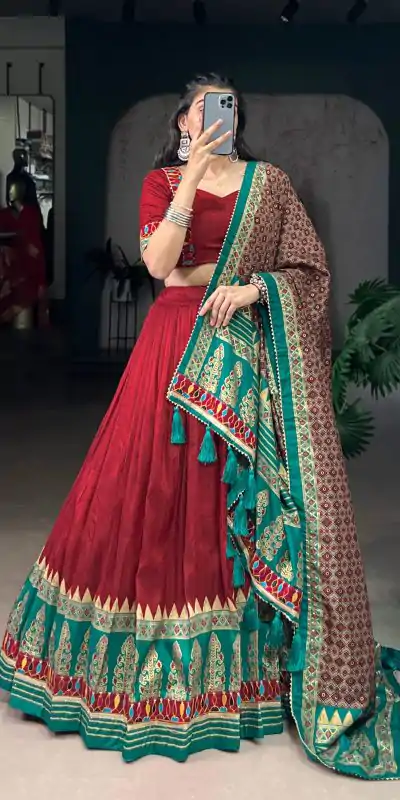 LNB 1727 Red Tasar Silk With Gamthi Work & Mirror Work. Get it for Lehenga Choli ₹2999. Delivery 4-6 Working Days. Shop now. | Lehenga, Bollywood Lehenga, Creative Lehenga, Designer Lehenga, Embroidered Lehenga, Party Wear Lehenga