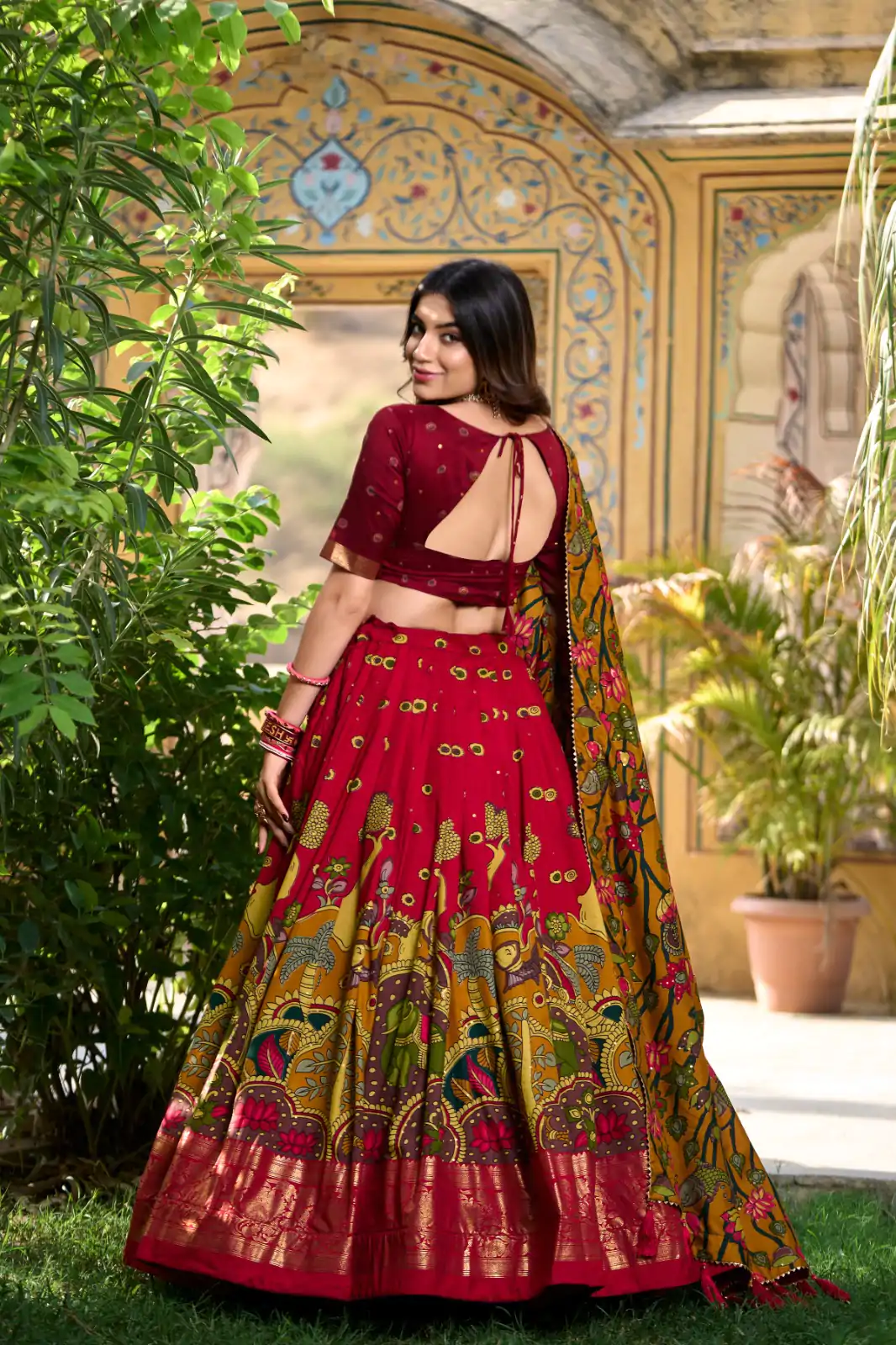 LNB 1219 Red Tasar Silk With Gotta Patti Work & Kalamkari Print Lehenga Choli . Best Price ₹2449. Delivery 4-6 Working Days. Shop now. | Lehenga, Bollywood Lehenga, Creative Lehenga, Designer Lehenga, Embroidered Lehenga, Party Wear Lehenga