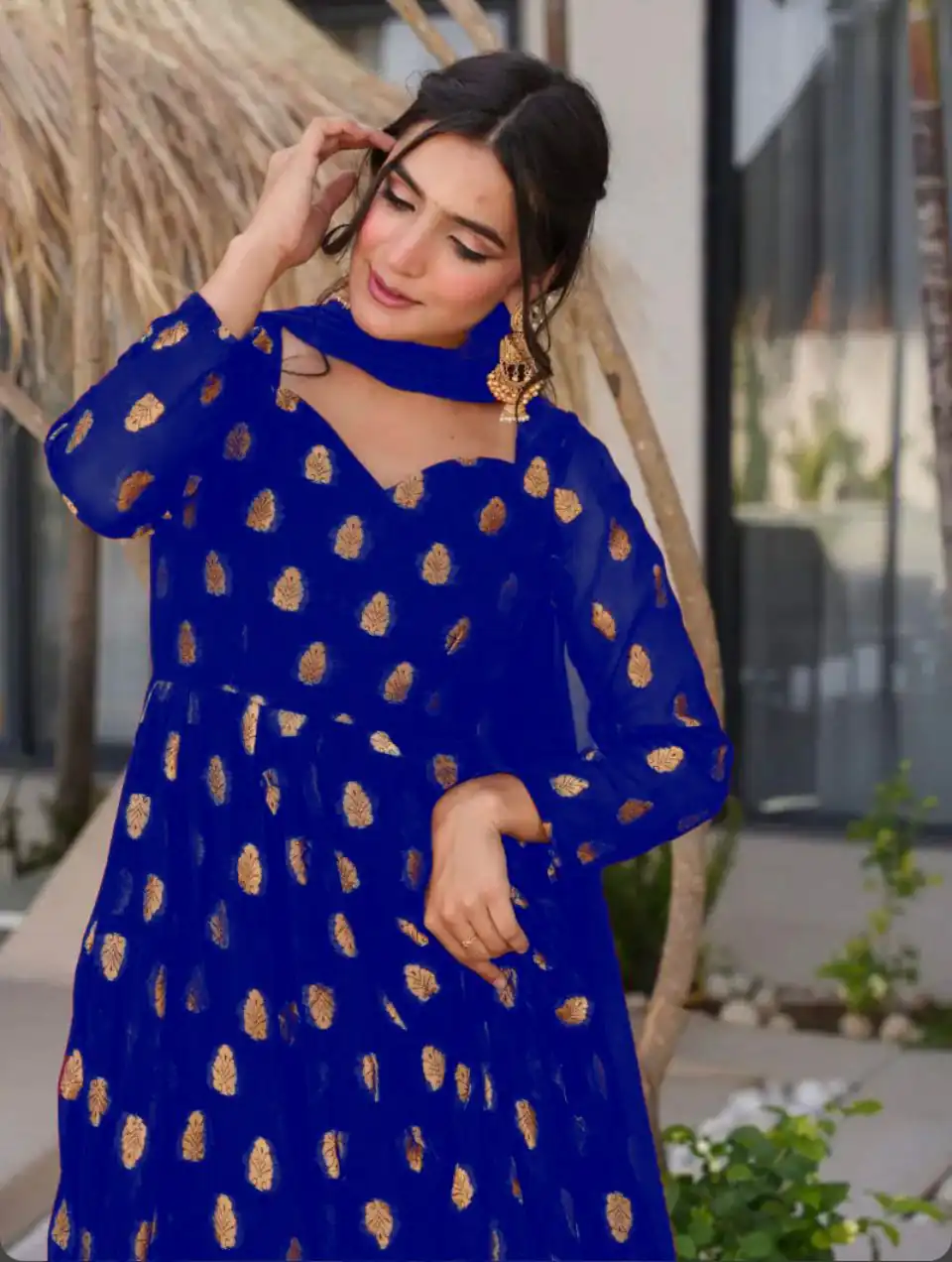 Royal Blue Faux Georgette Embroidery Work Gown - Image 2