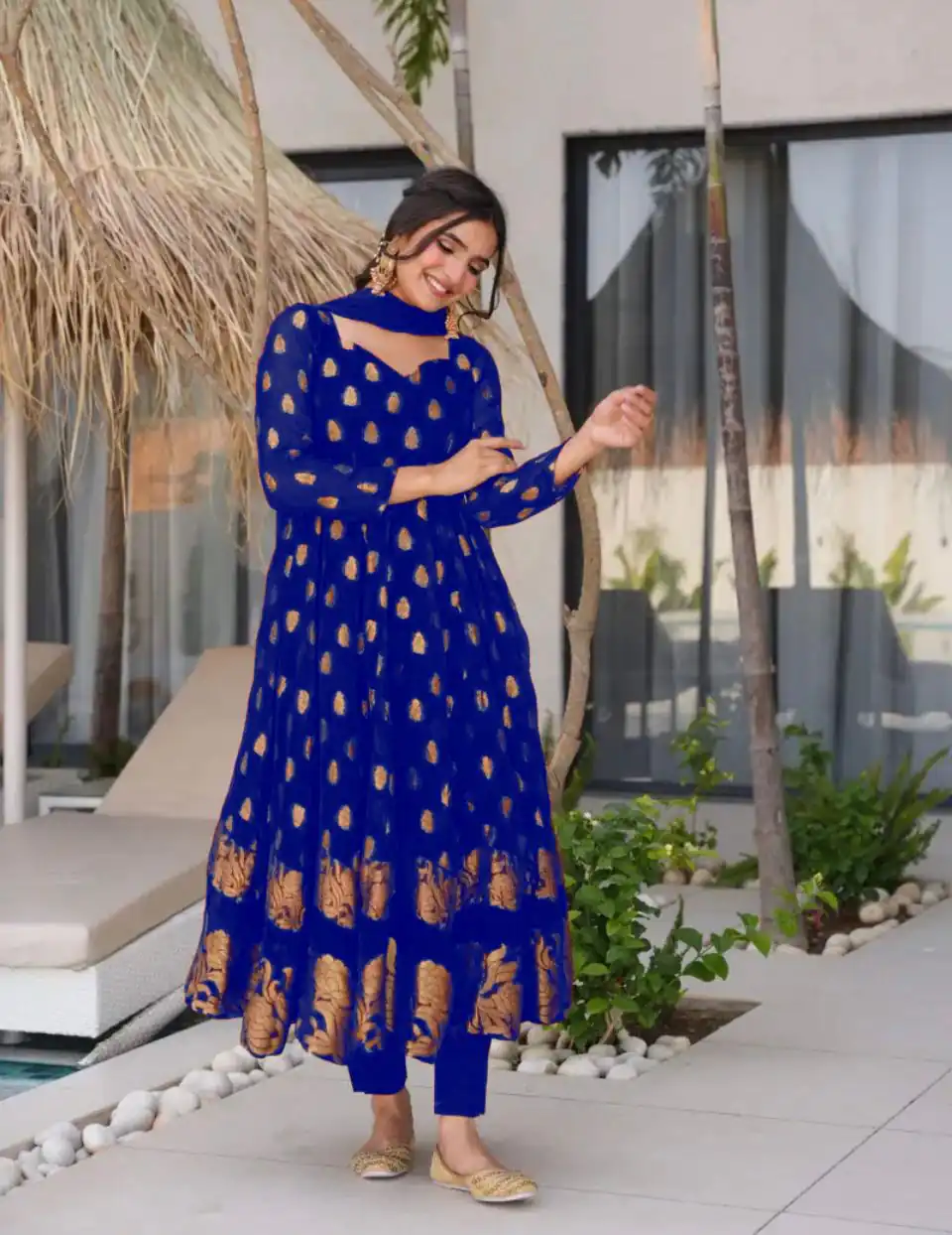 Royal Blue Faux Georgette Embroidery Work Gown