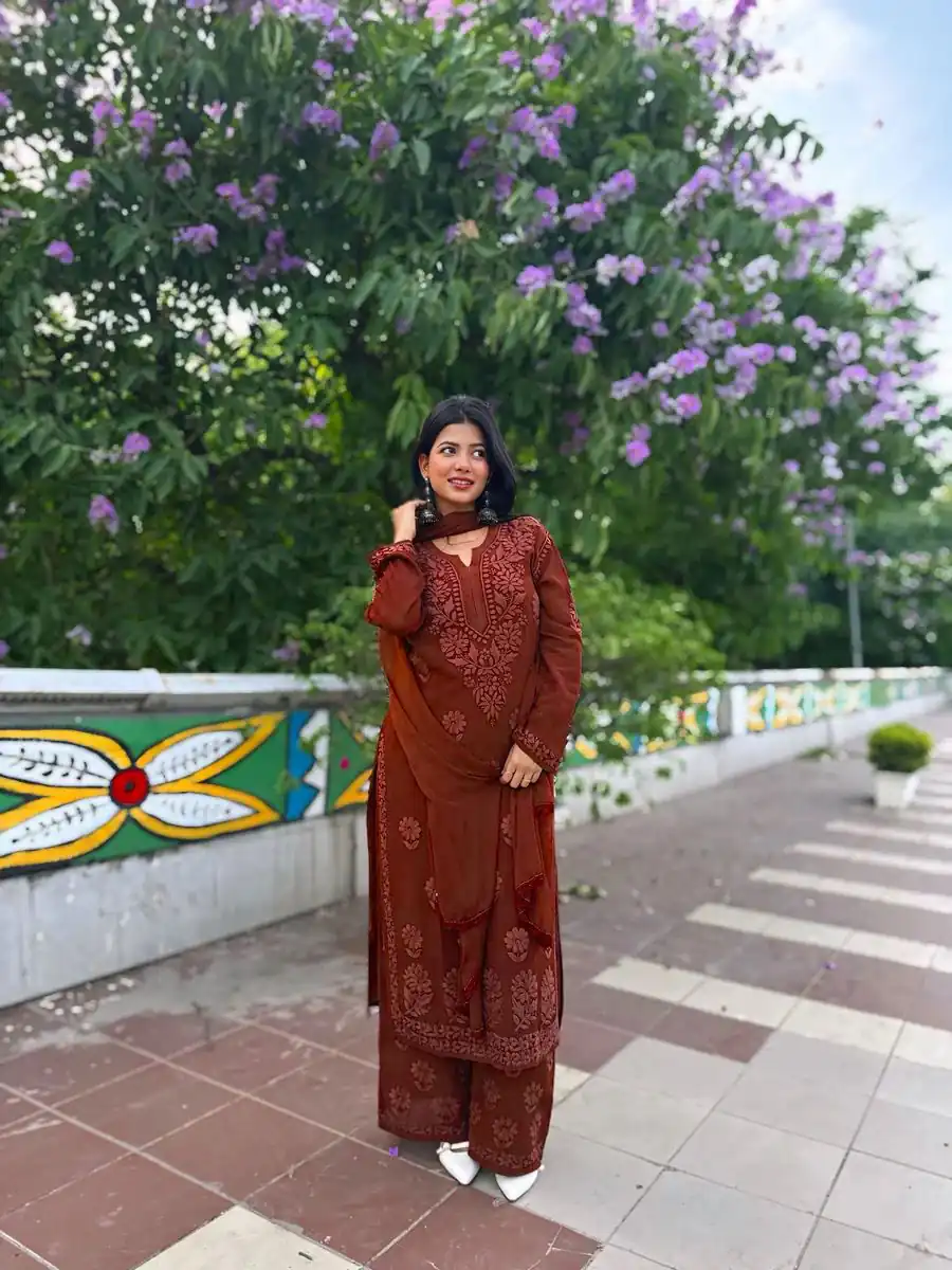 BE 394 Rust Georgette with Embroidery Work & Lace Work Salwar Suit . Available at ₹1849 only. Delivery 4-6 Working Days. Shop now. | Jump Suits, Tops & Bottoms, Track Suits, Salwar suit, Casual Suits, Creative suits, Designer Suits, Palazzo Suits, Party Wear Suits, Patiala Suits, Straight Suits, Trendy Wear