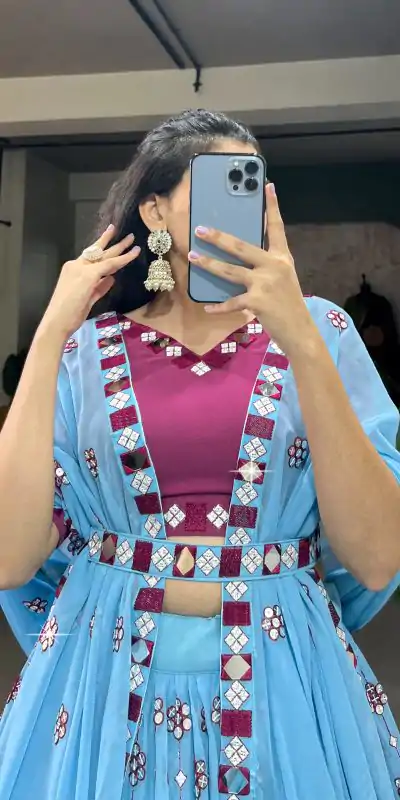 Choli LNB 1733 Sky Blue Georgette Mirror Work & Embroidery Work Lehenga in . Now at just ₹1999. Delivery 4-6 Working Days. Shop now. | Lehenga, Bollywood Lehenga, Creative Lehenga, Designer Lehenga, Embroidered Lehenga, Party Wear Lehenga