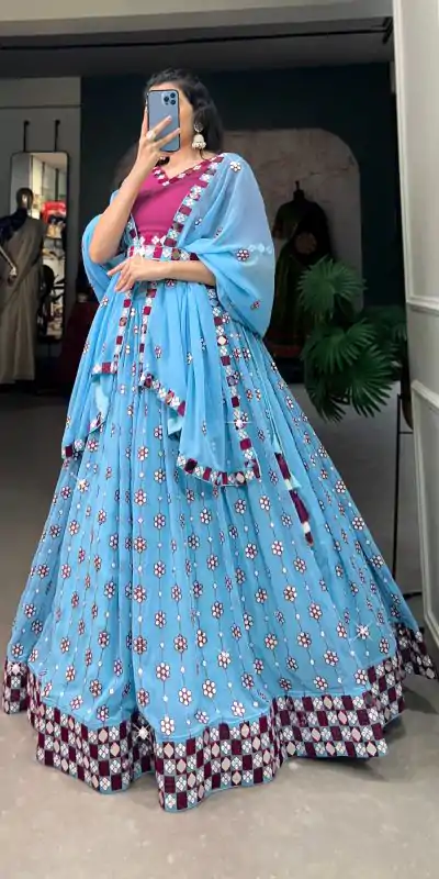Choli LNB 1733 Sky Blue Georgette Mirror Work & Embroidery Work Lehenga in . Now at just ₹1999. Delivery 4-6 Working Days. Shop now. | Lehenga, Bollywood Lehenga, Creative Lehenga, Designer Lehenga, Embroidered Lehenga, Party Wear Lehenga