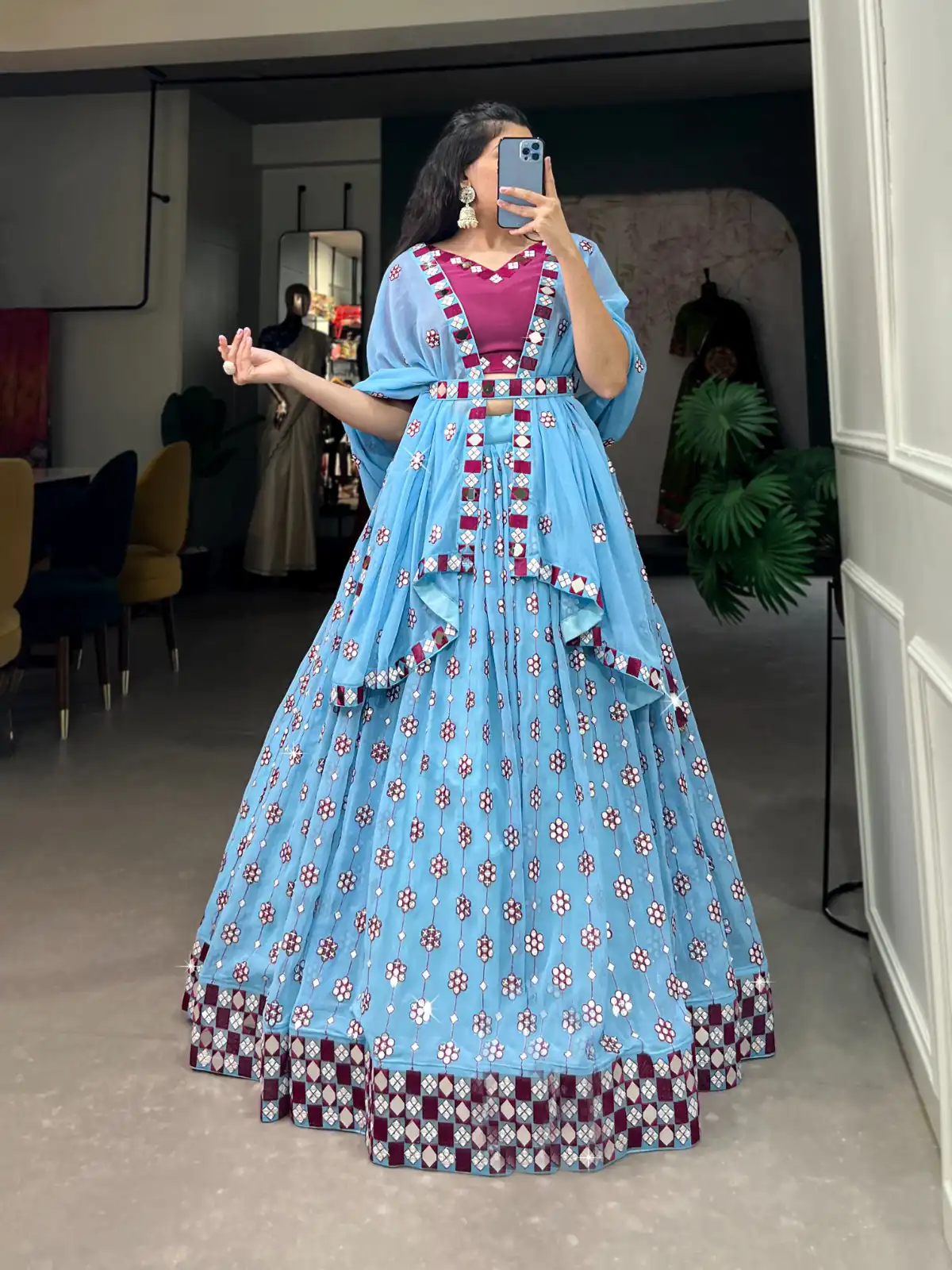 Choli LNB 1733 Sky Blue Georgette Mirror Work & Embroidery Work Lehenga in . Now at just ₹1999. Delivery 4-6 Working Days. Shop now. | Lehenga, Bollywood Lehenga, Creative Lehenga, Designer Lehenga, Embroidered Lehenga, Party Wear Lehenga
