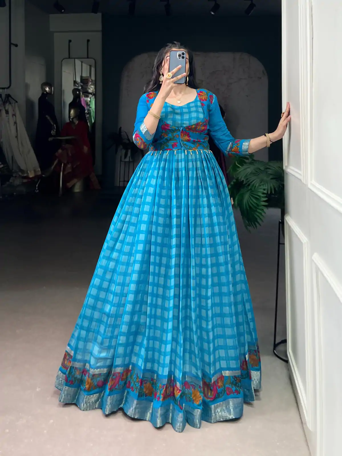 YNF 5034 Sky Blue Polyester Viscose Chanderi Zari Work & Lace Work Gown in . Affordable Price ₹1799. Delivery 4-6 Working Days. Shop now. | Gowns, Bollywood Gowns, Creative Gowns, Designer Gowns, Embroidered Gowns, Party Wear Gowns