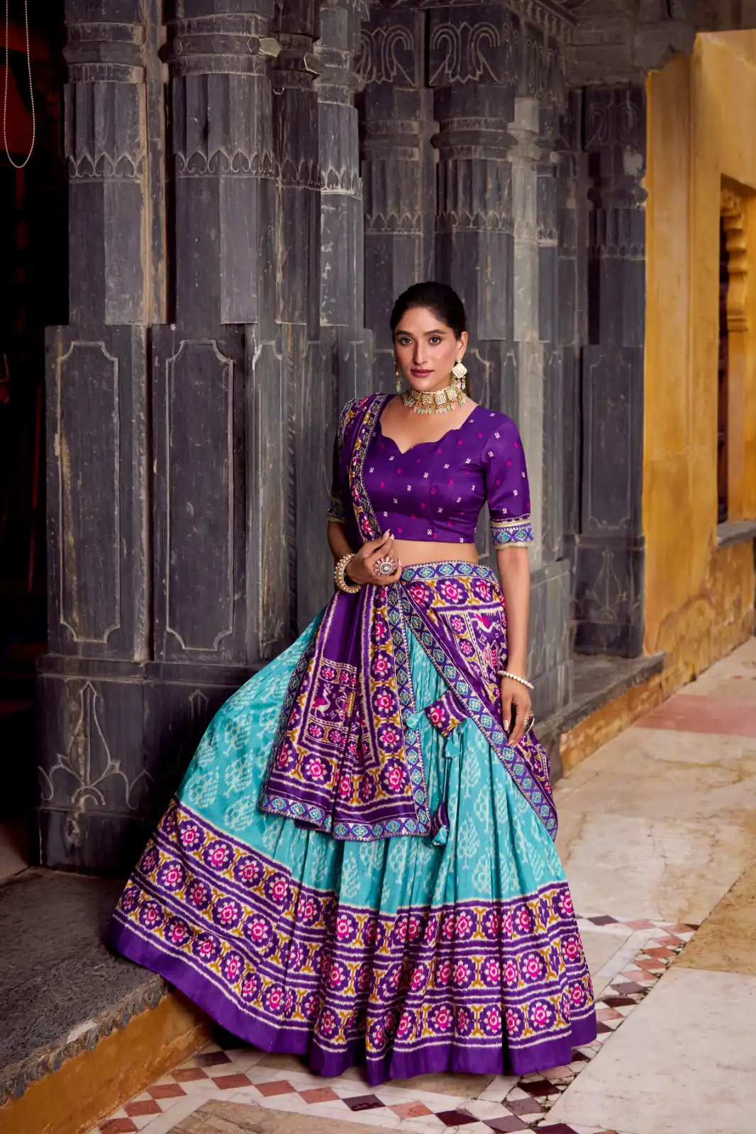 Sky Blue Tasar Silk Sequins Embroidery Work Lehenga Choli - Image 2