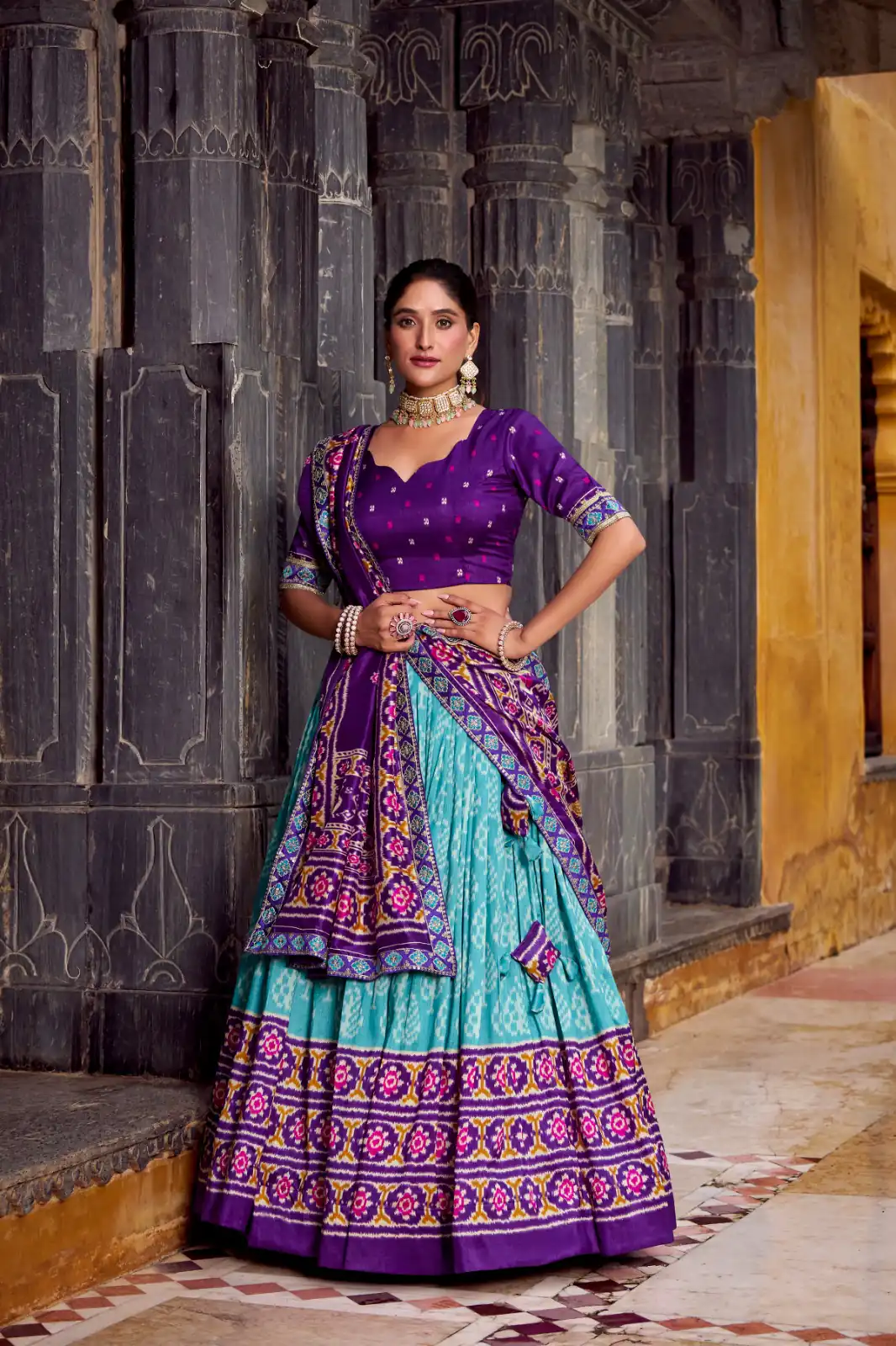 Sky Blue Tasar Silk Sequins Embroidery Work Lehenga Choli