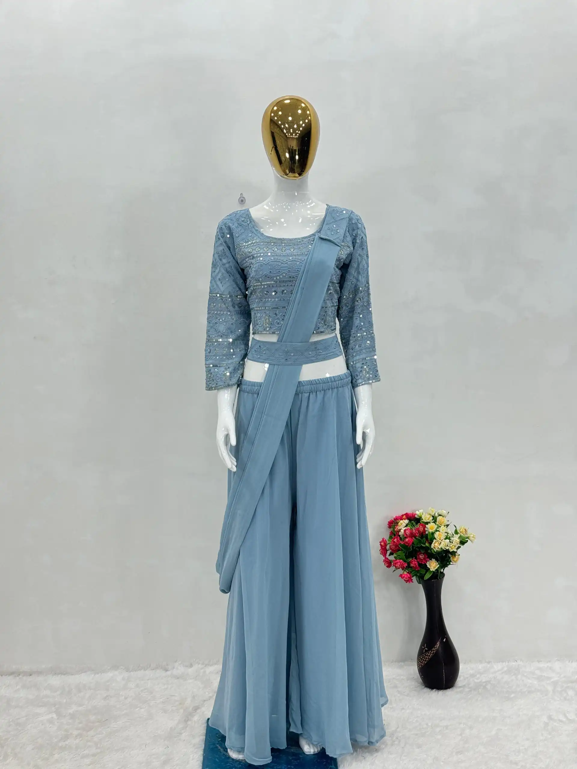 Teal Faux Georgette With Sequins Work Salwar Suit - Image 2