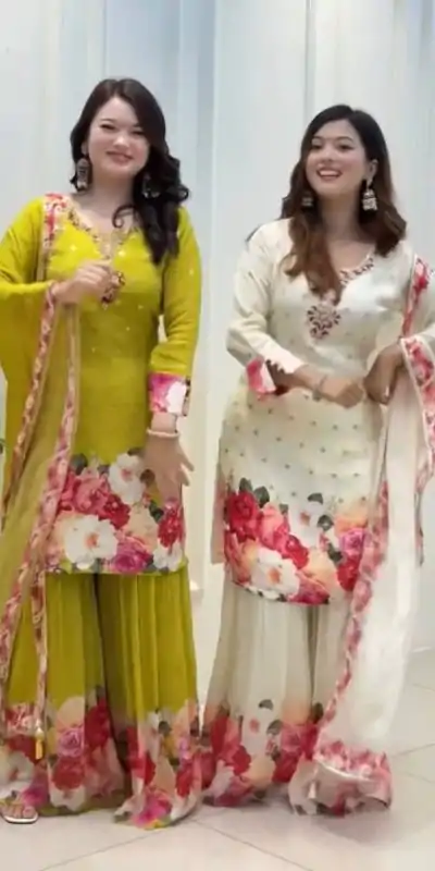 SRK 5301 White Heavy Faux Georgette With 5mm Embroidery Sequence Work With Digital print Full Sleeve Salwar Suit Wedding, Party, 4-6 Working Days At 1999 | Jump Suits, Salwar suit, Casual Suits, Creative suits, Designer Suits, Palazzo Suits, Party Wear Suits, Patiala Suits, Straight Suits