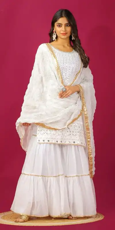 SR 1671 White Georgette Salwar Suit Perfect for Wedding, Party, Cultural Events, Temple Visit, Lohri Now at just ₹1799. Delivery 4-6 Working Days. | Jump Suits, Tops & Bottoms, Track Suits, Salwar suit, Casual Suits, Creative suits, Designer Suits, Palazzo Suits, Party Wear Suits, Patiala Suits, Straight Suits, Trendy Wear