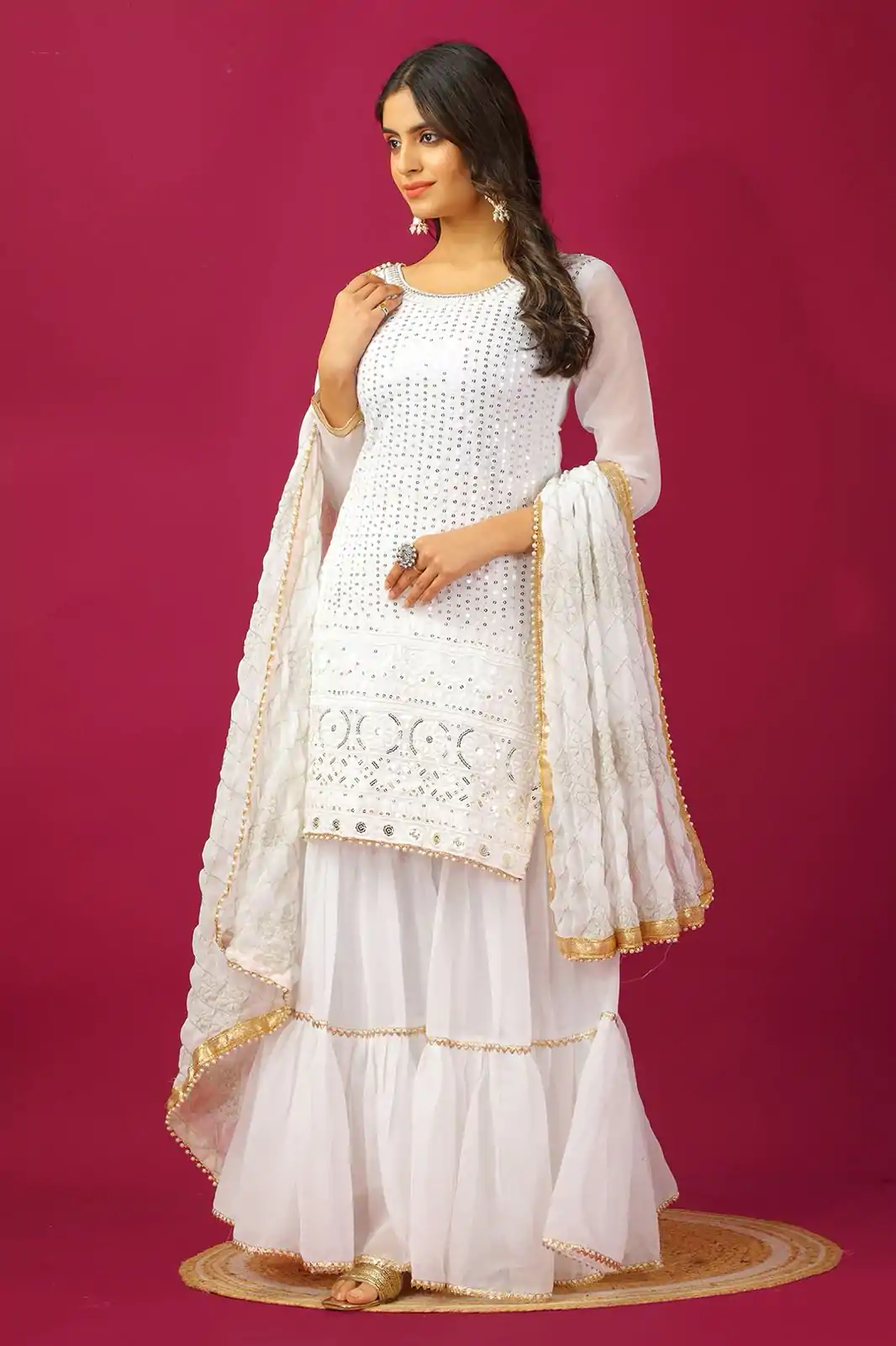 SR 1671 White Georgette Salwar Suit Perfect for Wedding, Party, Cultural Events, Temple Visit, Lohri Now at just ₹1799. Delivery 4-6 Working Days. | Jump Suits, Tops & Bottoms, Track Suits, Salwar suit, Casual Suits, Creative suits, Designer Suits, Palazzo Suits, Party Wear Suits, Patiala Suits, Straight Suits, Trendy Wear