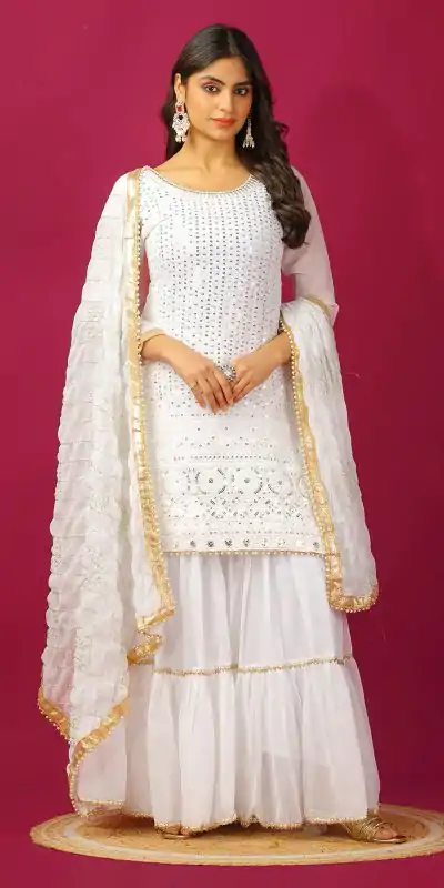 SR 1671 White Georgette Salwar Suit Perfect for Wedding, Party, Cultural Events, Temple Visit, Lohri Now at just ₹1799. Delivery 4-6 Working Days. | Jump Suits, Tops & Bottoms, Track Suits, Salwar suit, Casual Suits, Creative suits, Designer Suits, Palazzo Suits, Party Wear Suits, Patiala Suits, Straight Suits, Trendy Wear