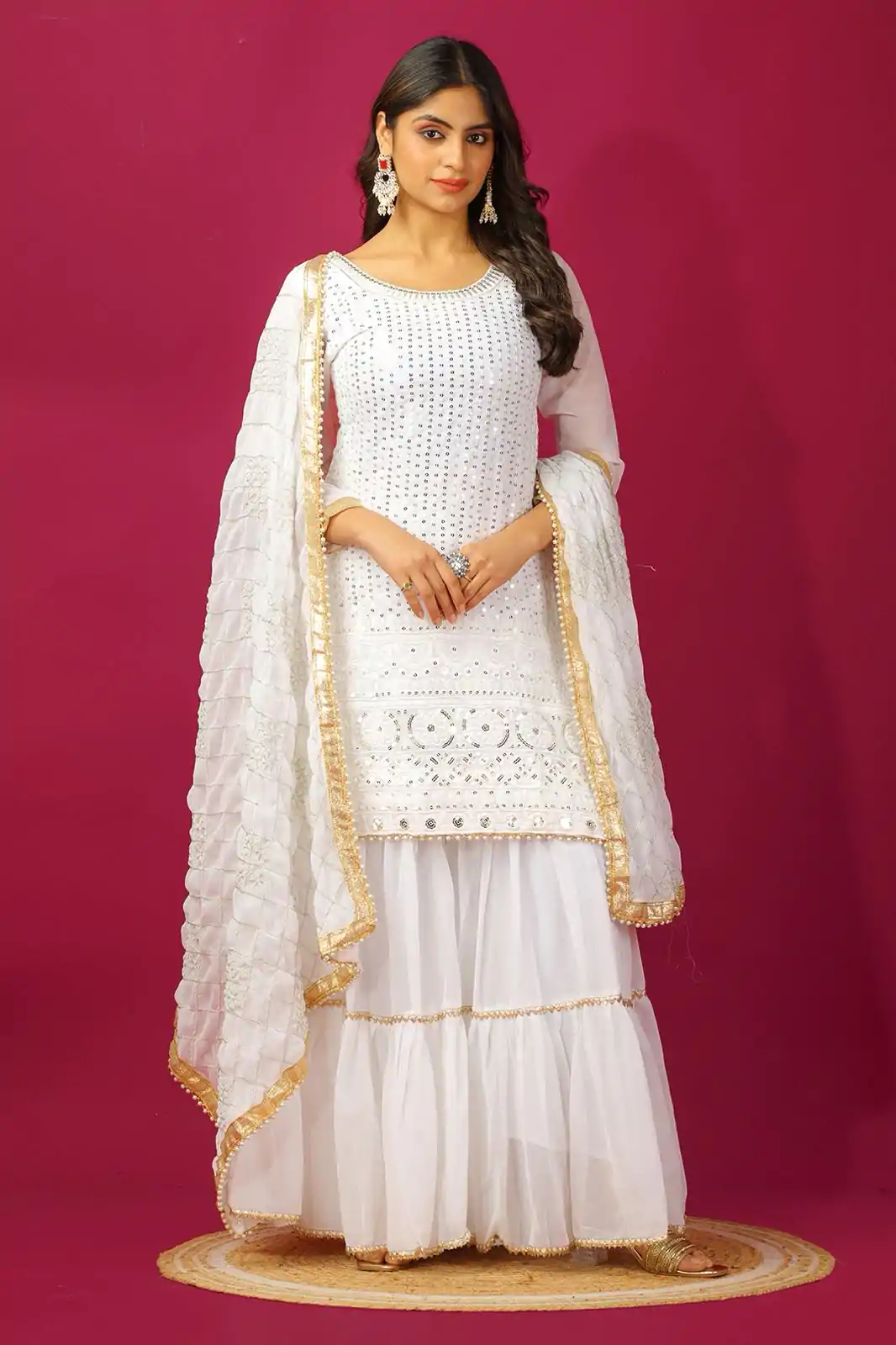 SR 1671 White Georgette Salwar Suit Perfect for Wedding, Party, Cultural Events, Temple Visit, Lohri Now at just ₹1799. Delivery 4-6 Working Days. | Jump Suits, Tops & Bottoms, Track Suits, Salwar suit, Casual Suits, Creative suits, Designer Suits, Palazzo Suits, Party Wear Suits, Patiala Suits, Straight Suits, Trendy Wear