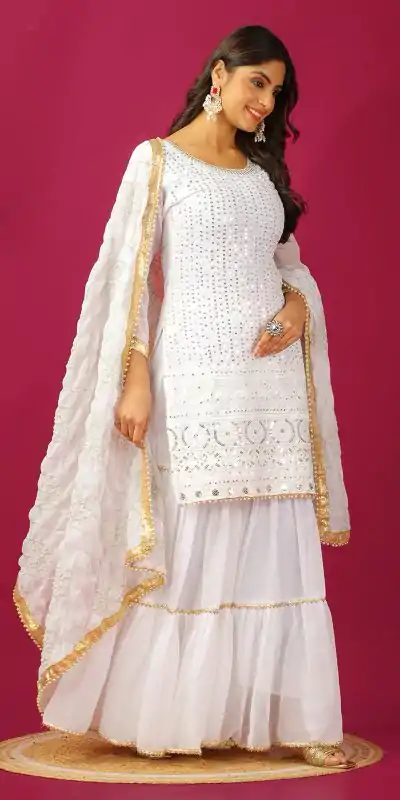 SR 1671 White Georgette Salwar Suit Perfect for Wedding, Party, Cultural Events, Temple Visit, Lohri Now at just ₹1799. Delivery 4-6 Working Days. | Jump Suits, Tops & Bottoms, Track Suits, Salwar suit, Casual Suits, Creative suits, Designer Suits, Palazzo Suits, Party Wear Suits, Patiala Suits, Straight Suits, Trendy Wear