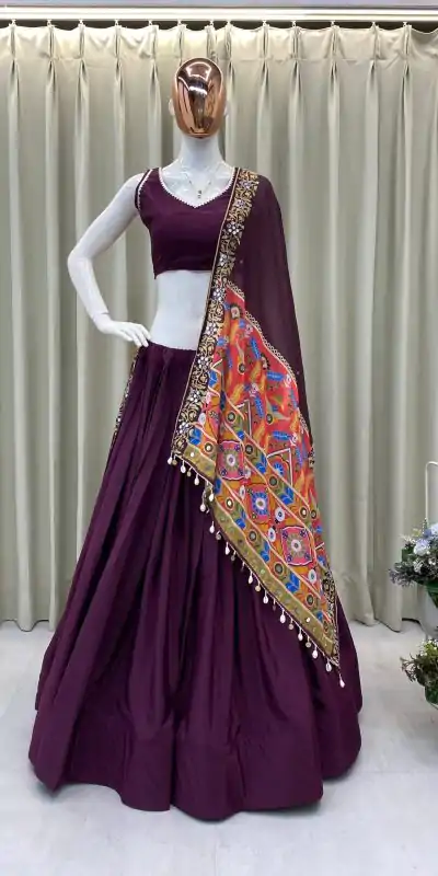 BE 393 Wine Crape Silk Lehenga Choli Perfect for Wedding, Party, Engagement, Anniversary, Traditional Day Get it for ₹1999. Delivery 4-6 Working | Lehenga, Bollywood Lehenga, Creative Lehenga, Designer Lehenga, Embroidered Lehenga, Party Wear Lehenga