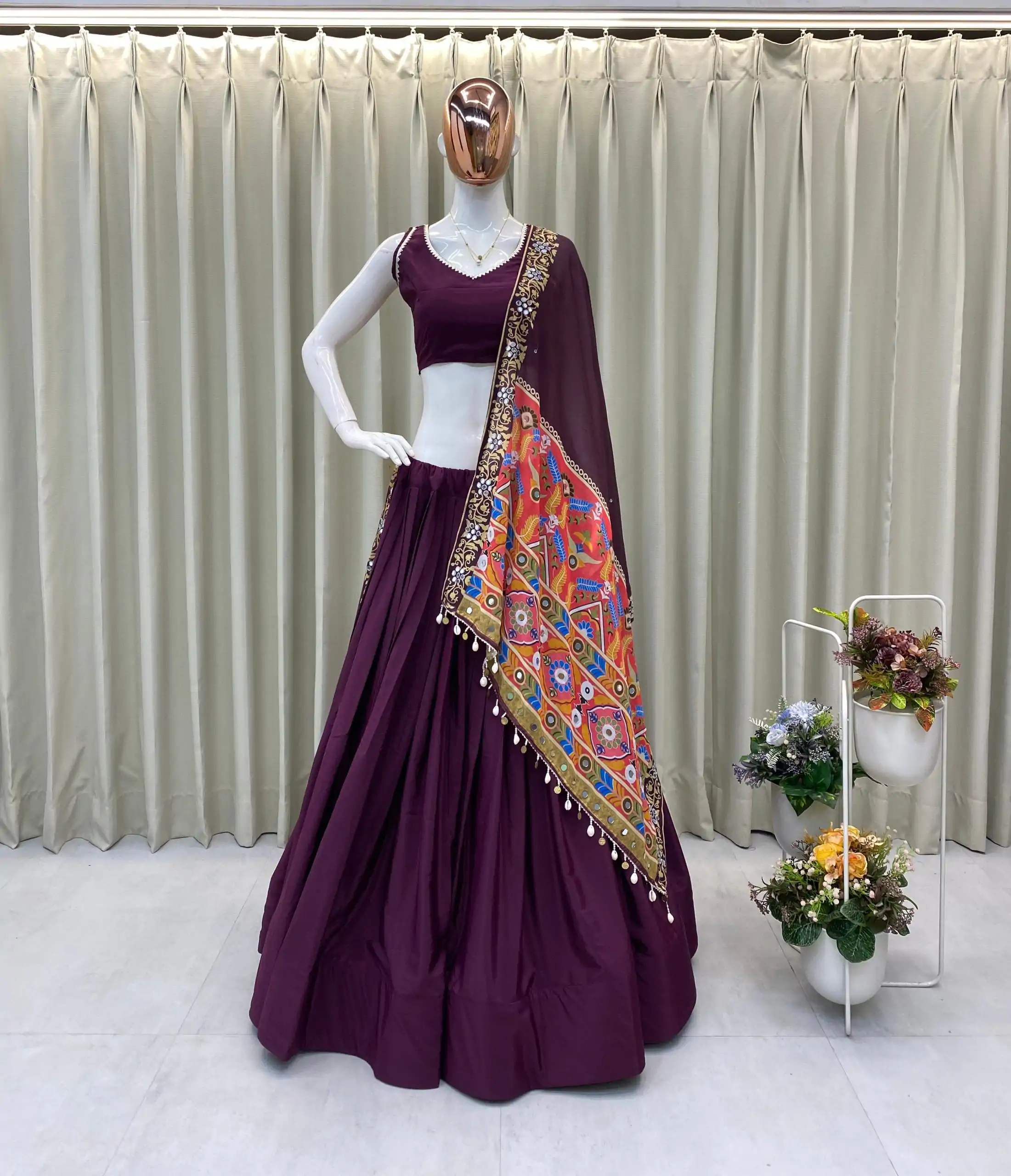 BE 393 Wine Crape Silk Lehenga Choli Perfect for Wedding, Party, Engagement, Anniversary, Traditional Day Get it for ₹1999. Delivery 4-6 Working | Lehenga, Bollywood Lehenga, Creative Lehenga, Designer Lehenga, Embroidered Lehenga, Party Wear Lehenga