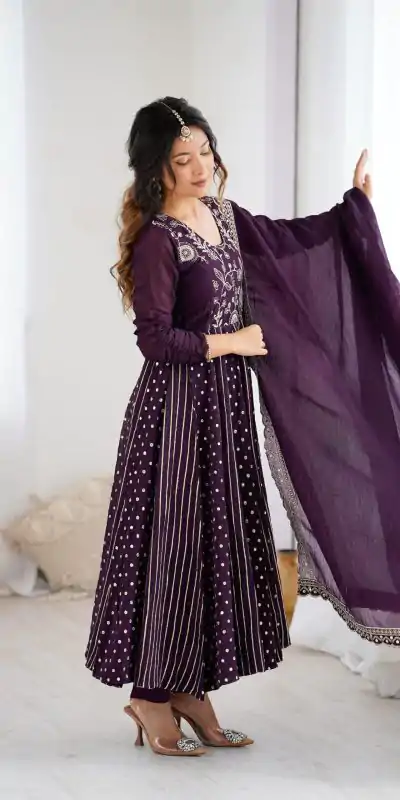 SRK 5293 Wine With Crunchy Silk With Fully Flair with Lace Work & Embroidery Work Anarkali Gown . Introductory Price ₹2149. Delivery 4-6 Worki | Gowns, Bollywood Gowns, Creative Gowns, Designer Gowns, Embroidered Gowns, Party Wear Gowns
