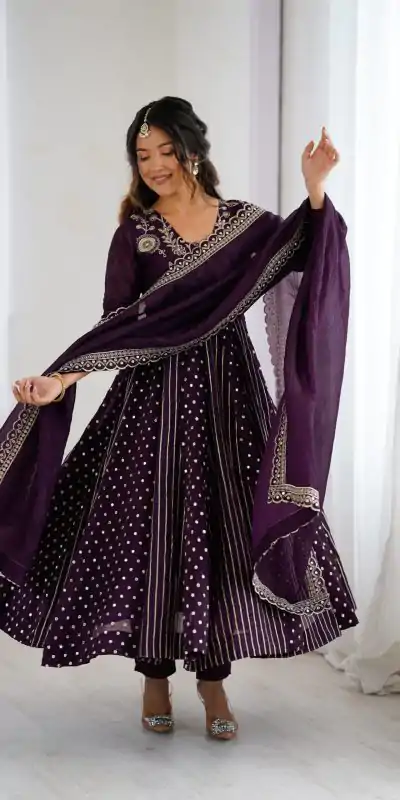 SRK 5293 Wine With Crunchy Silk With Fully Flair with Lace Work & Embroidery Work Anarkali Gown . Introductory Price ₹2149. Delivery 4-6 Worki | Gowns, Bollywood Gowns, Creative Gowns, Designer Gowns, Embroidered Gowns, Party Wear Gowns