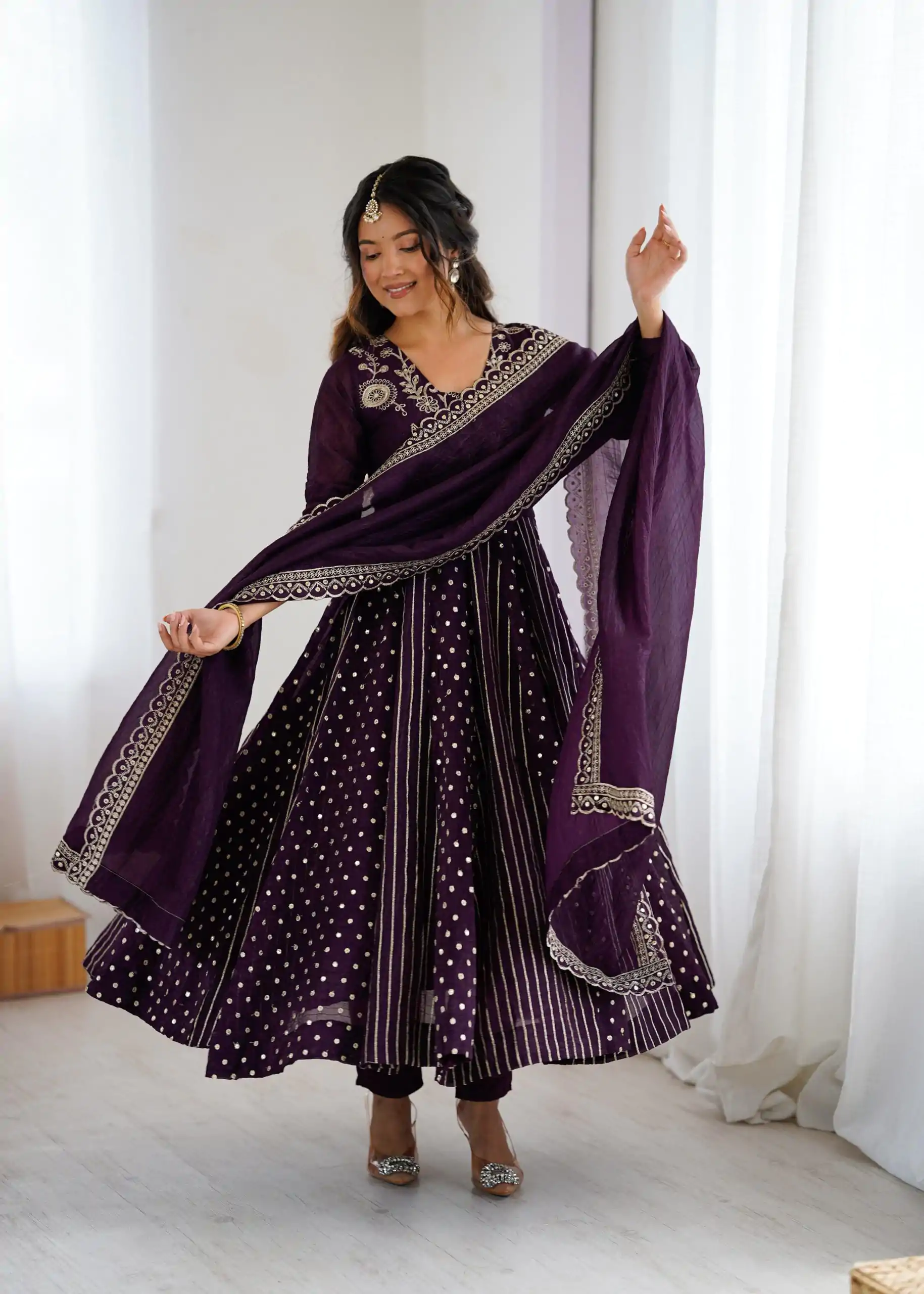 SRK 5293 Wine With Crunchy Silk With Fully Flair with Lace Work & Embroidery Work Anarkali Gown . Introductory Price ₹2149. Delivery 4-6 Worki | Gowns, Bollywood Gowns, Creative Gowns, Designer Gowns, Embroidered Gowns, Party Wear Gowns