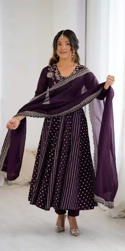 SRK 5293 Wine With Crunchy Silk With Fully Flair with Lace Work & Embroidery Work Anarkali Gown . Introductory Price ₹2149. Delivery 4-6 Worki | Gowns, Bollywood Gowns, Creative Gowns, Designer Gowns, Embroidered Gowns, Party Wear Gowns