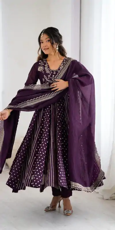 SRK 5293 Wine With Crunchy Silk With Fully Flair with Lace Work & Embroidery Work Anarkali Gown . Introductory Price ₹2149. Delivery 4-6 Worki | Gowns, Bollywood Gowns, Creative Gowns, Designer Gowns, Embroidered Gowns, Party Wear Gowns