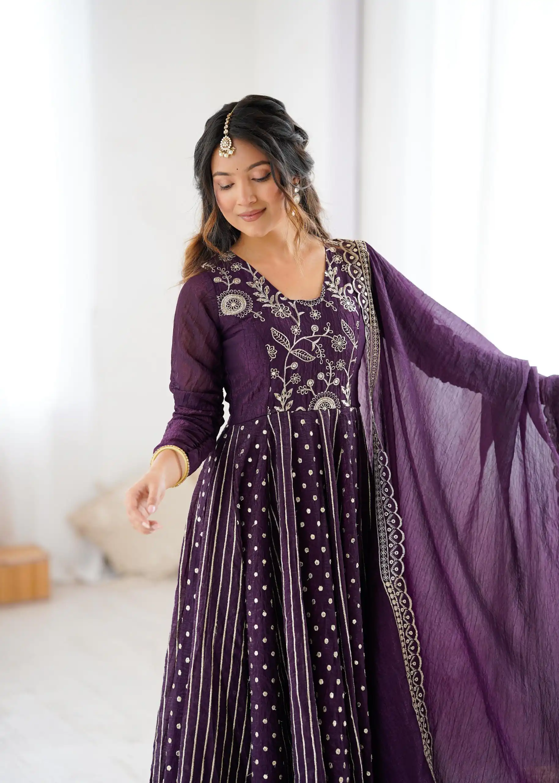 SRK 5293 Wine With Crunchy Silk With Fully Flair with Lace Work & Embroidery Work Anarkali Gown . Introductory Price ₹2149. Delivery 4-6 Worki | Gowns, Bollywood Gowns, Creative Gowns, Designer Gowns, Embroidered Gowns, Party Wear Gowns