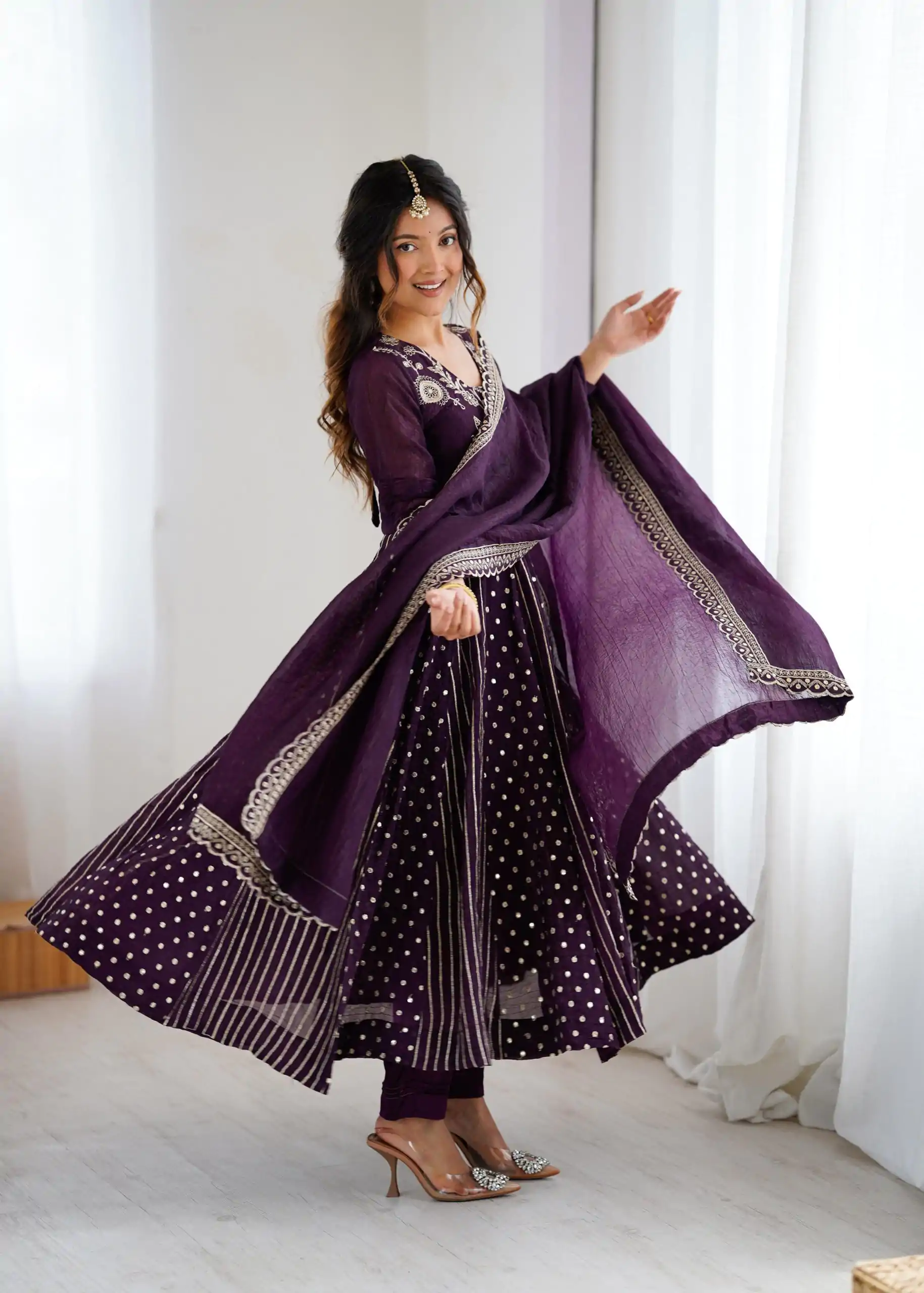 SRK 5293 Wine With Crunchy Silk With Fully Flair with Lace Work & Embroidery Work Anarkali Gown . Introductory Price ₹2149. Delivery 4-6 Worki | Gowns, Bollywood Gowns, Creative Gowns, Designer Gowns, Embroidered Gowns, Party Wear Gowns