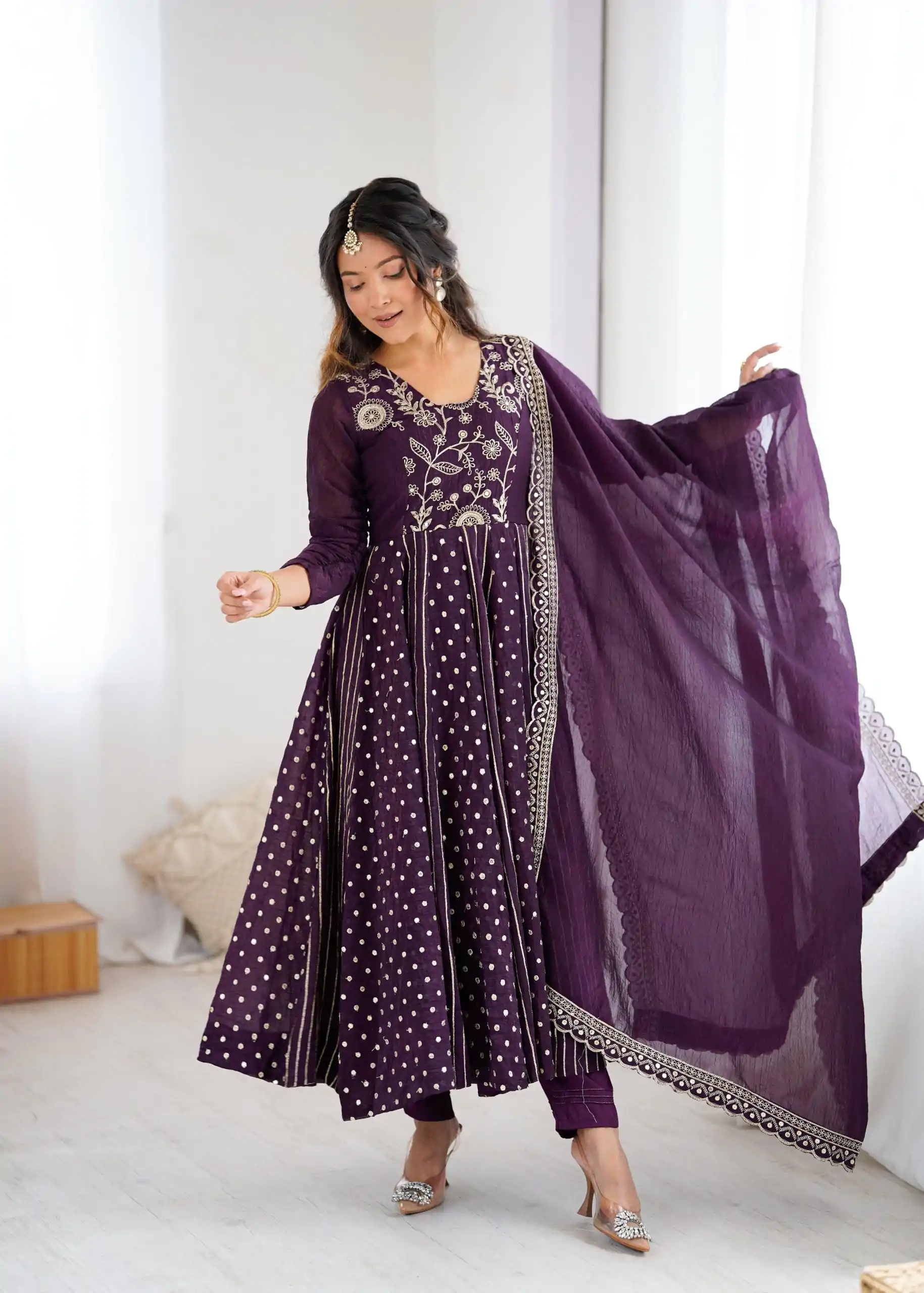 SRK 5293 Wine With Crunchy Silk With Fully Flair with Lace Work & Embroidery Work Anarkali Gown . Introductory Price ₹2149. Delivery 4-6 Worki | Gowns, Bollywood Gowns, Creative Gowns, Designer Gowns, Embroidered Gowns, Party Wear Gowns